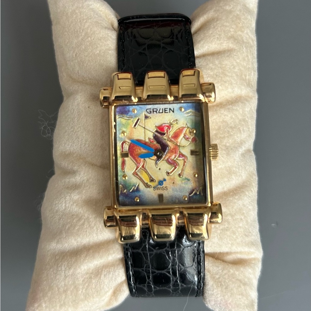 Vintage Gruen “The Polo Player” Watch Swiss Made – With Original Wood Box & COA